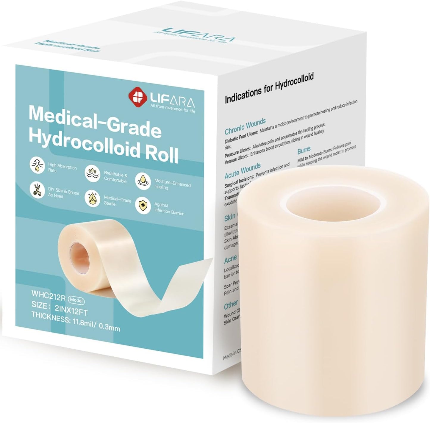 LIFARA Hydrocolloid Roll for Wound Care - Cut-to-Size, Hydrocolloid Patch Bandages with Self-Adhesive, Ultra Absorbent & Waterproof, First Aid Kit Essential (11.8mil/ 0.3mm Thickness, 2in*8ft)