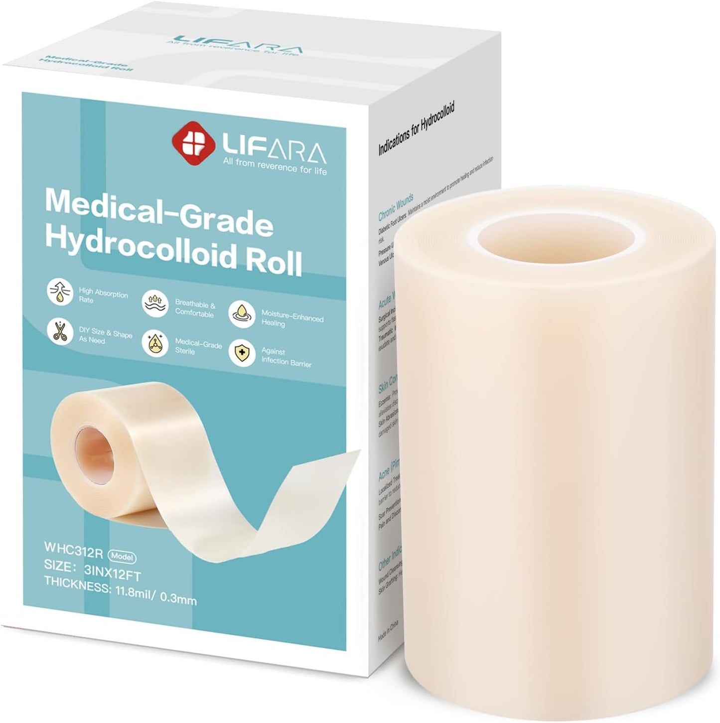 LIFARA Hydrocolloid Roll for Wound Care - Cut-to-Size, Hydrocolloid Patch Bandages with Self-Adhesive, Ultra Absorbent & Waterproof, First Aid Kit Essential (11.8mil/ 0.3mm Thickness, 2in*8ft)