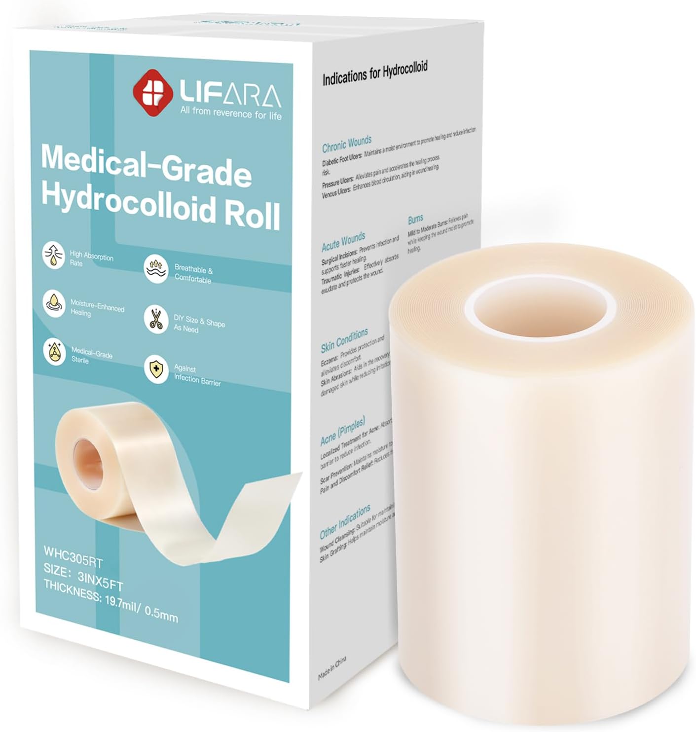 LIFARA Hydrocolloid Roll for Wound Care - Cut-to-Size, Hydrocolloid Patch Bandages with Self-Adhesive, Ultra Absorbent & Waterproof, First Aid Kit Essential (11.8mil/ 0.3mm Thickness, 2in*8ft)
