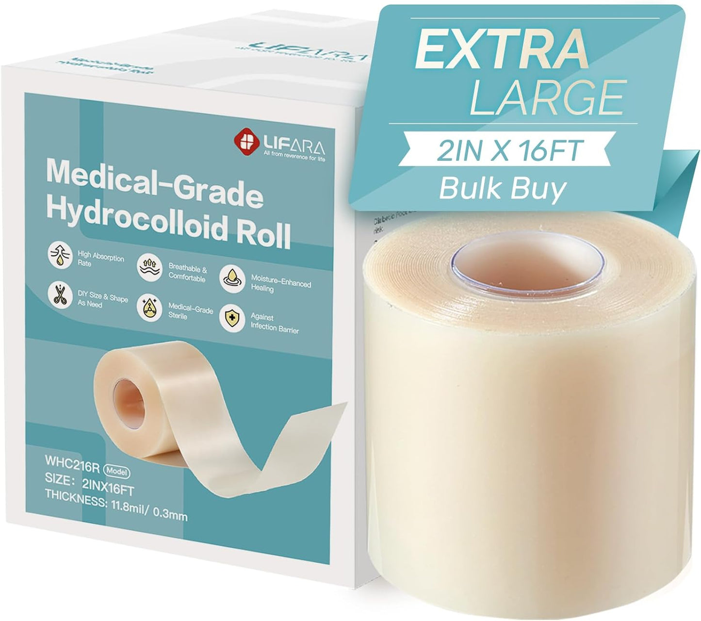 LIFARA Hydrocolloid Roll for Wound Care - Cut-to-Size, Hydrocolloid Patch Bandages with Self-Adhesive, Ultra Absorbent & Waterproof, First Aid Kit Essential (11.8mil/ 0.3mm Thickness, 2in*8ft)