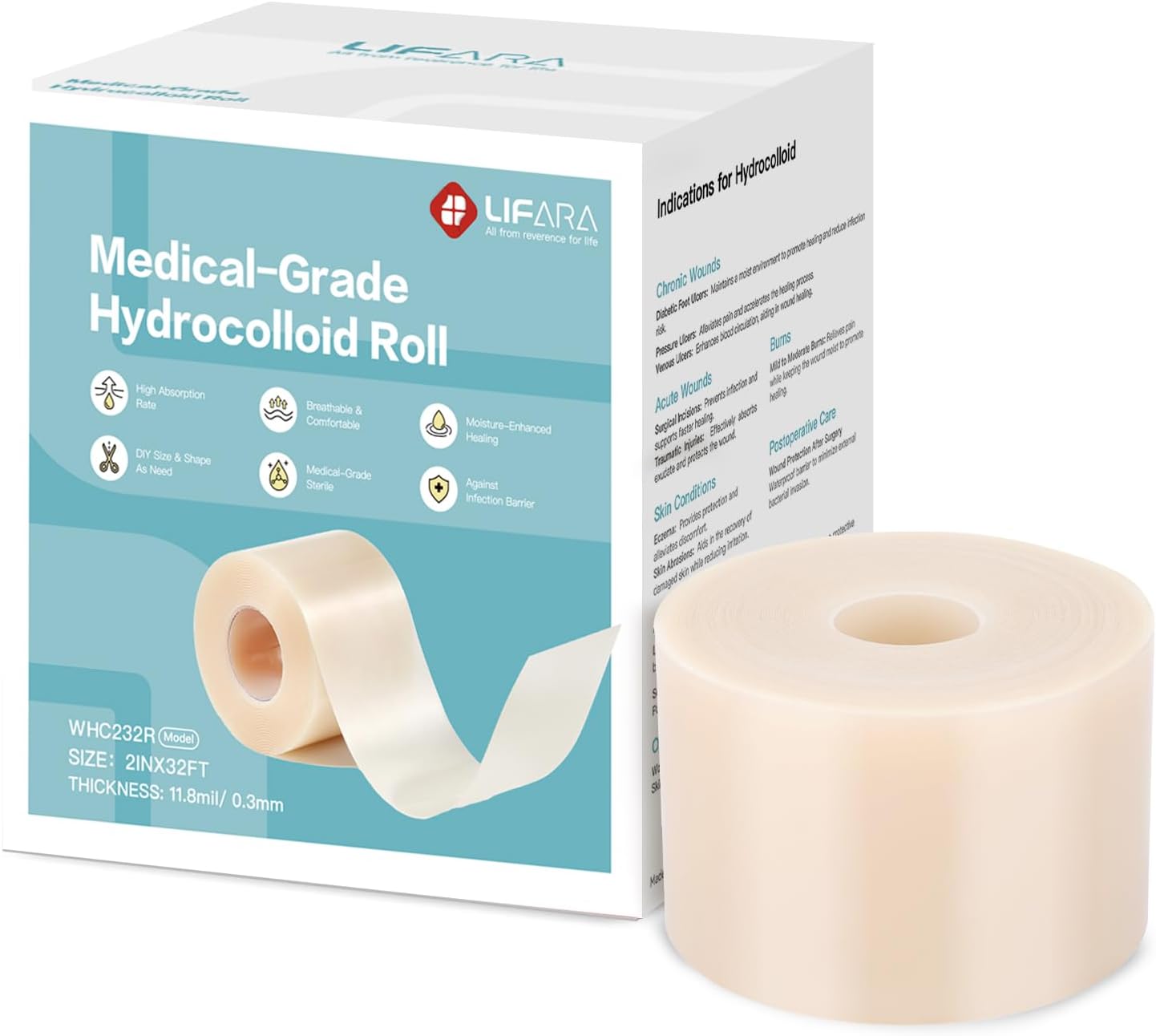 LIFARA Hydrocolloid Roll for Wound Care - Cut-to-Size, Hydrocolloid Patch Bandages with Self-Adhesive, Ultra Absorbent & Waterproof, First Aid Kit Essential (11.8mil/ 0.3mm Thickness, 2in*8ft)