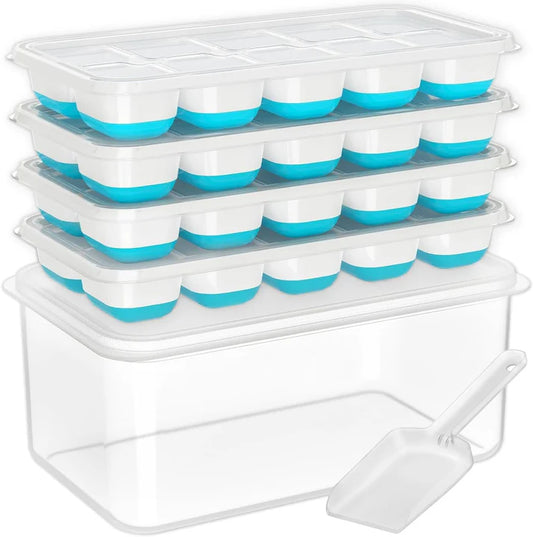 DOQAUS 4-Pack Silicone Ice Cube Trays with Lid, Bin & Scoop