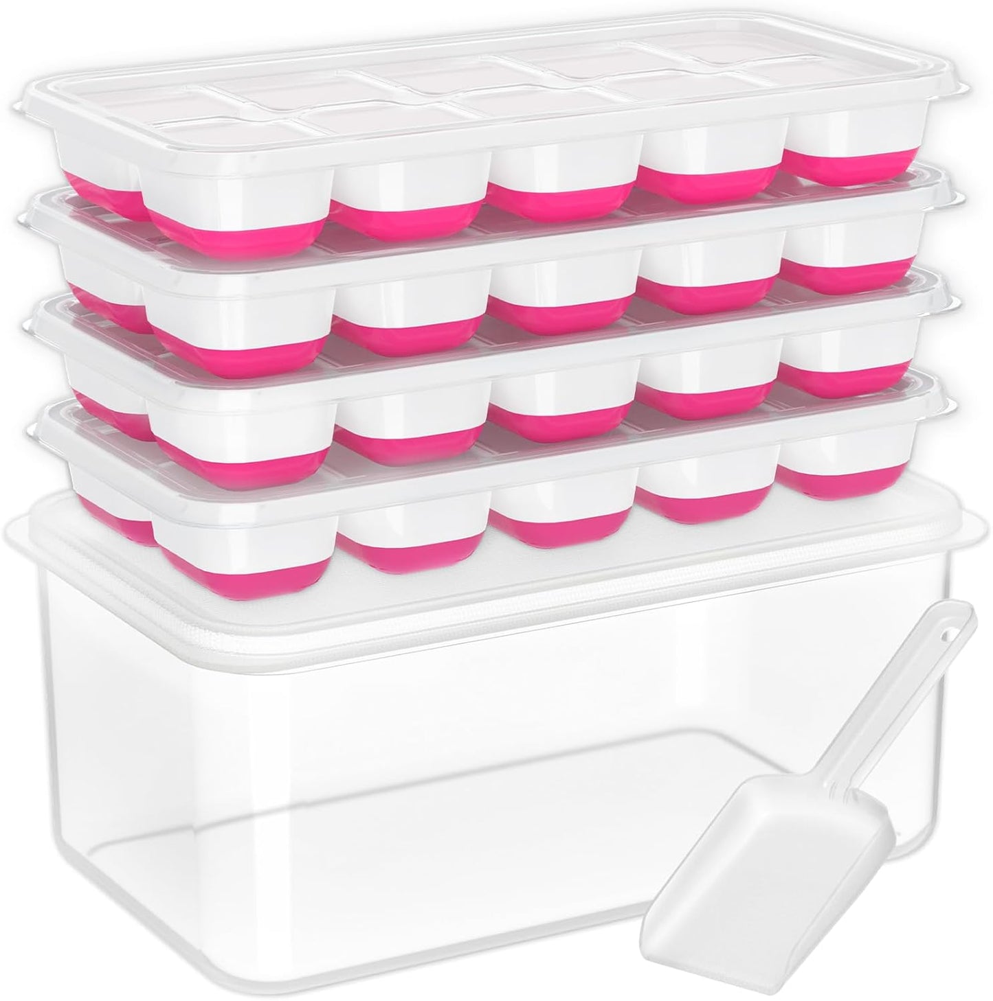 DOQAUS Ice Cube Tray with Lid and Bin - 4 Pack Silicone Ice Cube Trays for Freezer, Stackable Ice Bucket Kits with Storage Container & Scoop for Kitchen, RV, Cocktail, Coffee