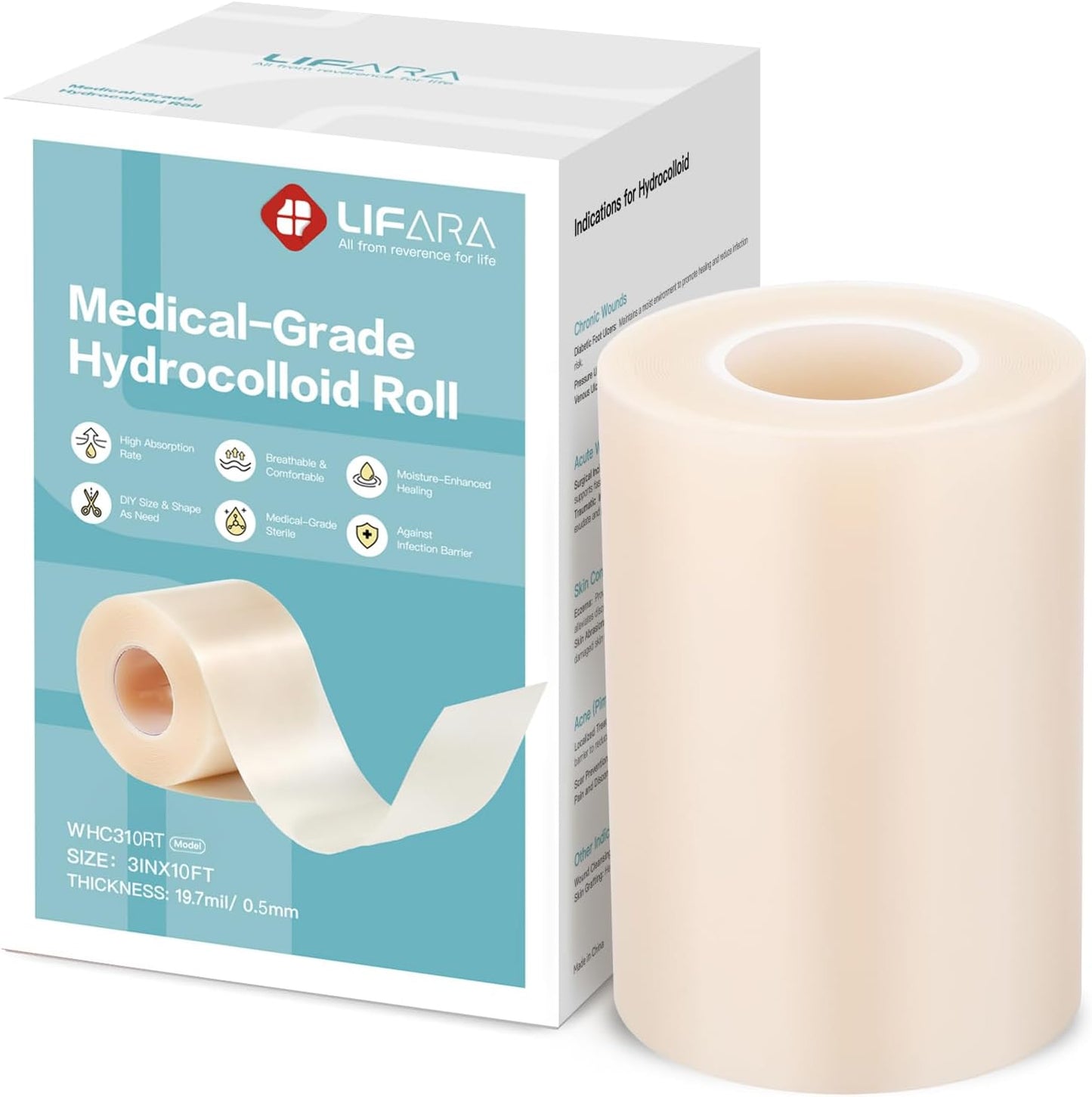 LIFARA Hydrocolloid Roll for Wound Care - Cut-to-Size, Hydrocolloid Patch Bandages with Self-Adhesive, Ultra Absorbent & Waterproof, First Aid Kit Essential (11.8mil/ 0.3mm Thickness, 2in*8ft)
