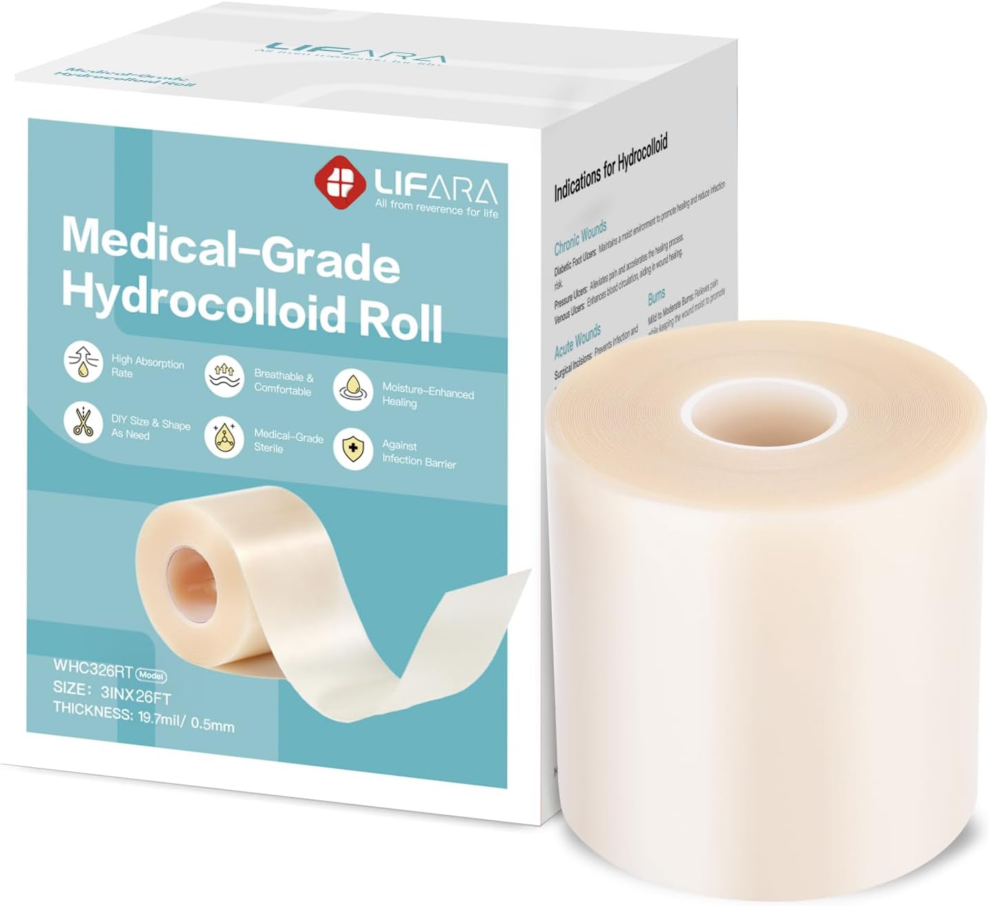 LIFARA Hydrocolloid Roll for Wound Care - Cut-to-Size, Hydrocolloid Patch Bandages with Self-Adhesive, Ultra Absorbent & Waterproof, First Aid Kit Essential (11.8mil/ 0.3mm Thickness, 2in*8ft)