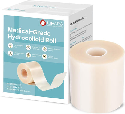 LIFARA Hydrocolloid Roll for Wound Care - Cut-to-Size, Hydrocolloid Patch Bandages with Self-Adhesive, Ultra Absorbent & Waterproof, First Aid Kit Essential (11.8mil/ 0.3mm Thickness, 2in*8ft)
