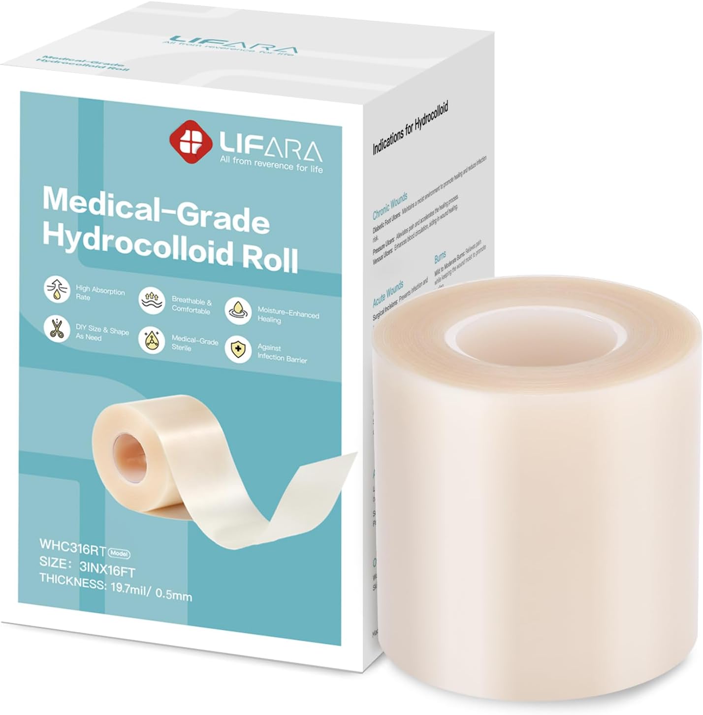 LIFARA Hydrocolloid Roll for Wound Care - Cut-to-Size, Hydrocolloid Patch Bandages with Self-Adhesive, Ultra Absorbent & Waterproof, First Aid Kit Essential (11.8mil/ 0.3mm Thickness, 2in*8ft)