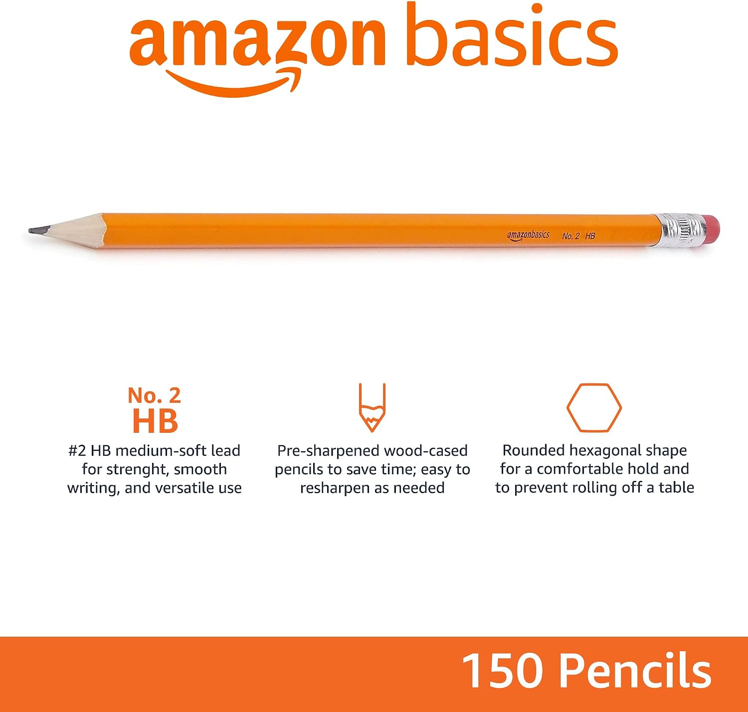 Amazon Basics Wood-Cased #2 HB School Pencils with Erasers for Writing and Drawing, Pre-sharpened, Soft Strong Lead, Orange, 30 Count