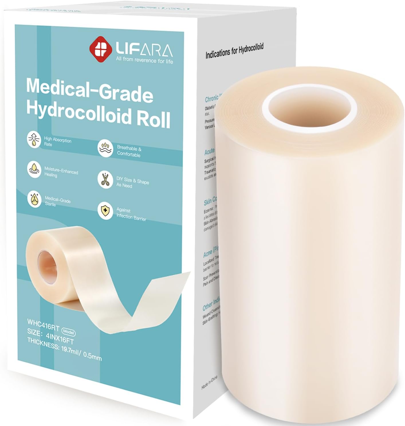 LIFARA Hydrocolloid Roll for Wound Care - Cut-to-Size, Hydrocolloid Patch Bandages with Self-Adhesive, Ultra Absorbent & Waterproof, First Aid Kit Essential (11.8mil/ 0.3mm Thickness, 2in*8ft)