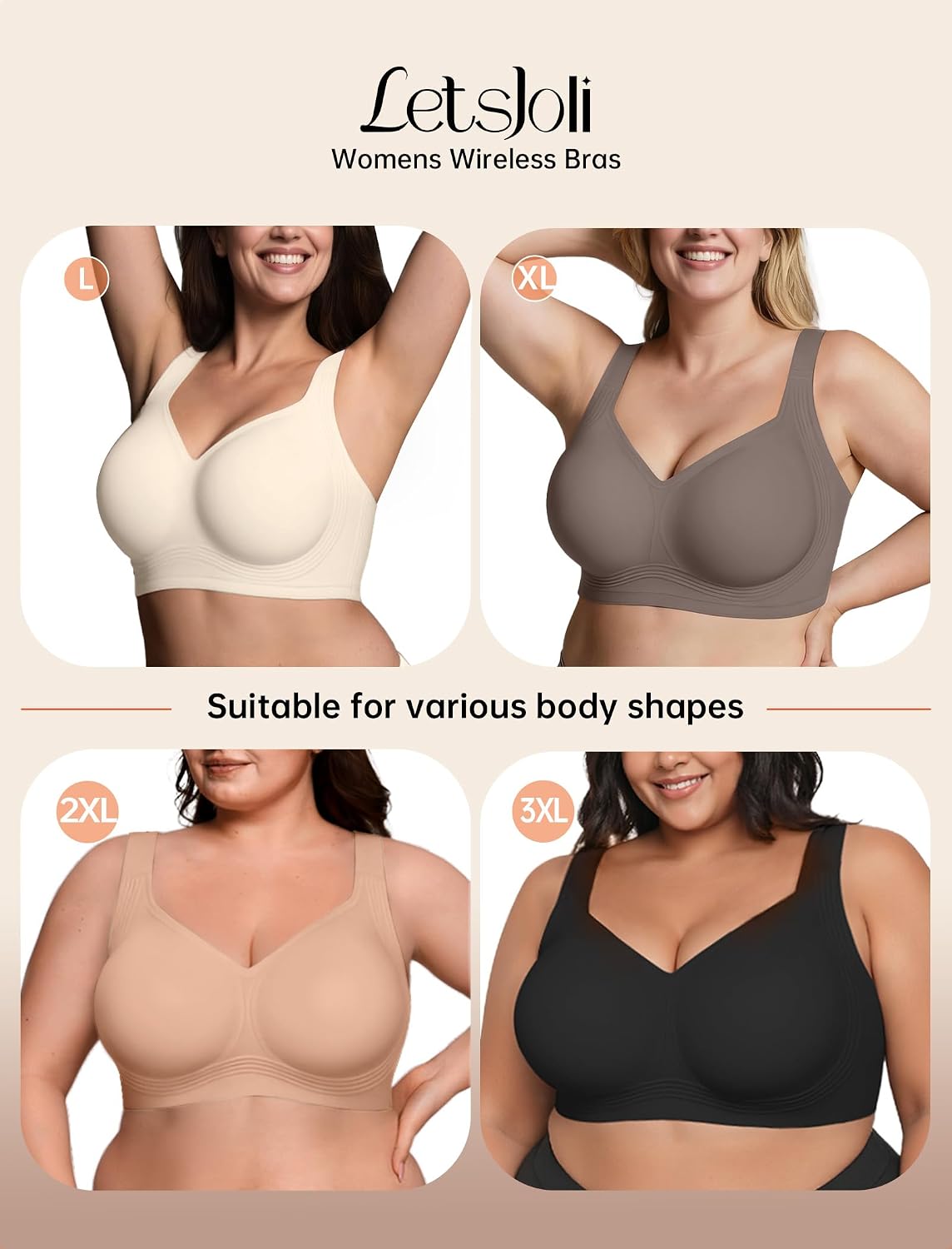 LetsJoli Bras for Women Supportive Wireless Push Up Bra Full Coverage No Underwire Seamless Plus Size for Older Women