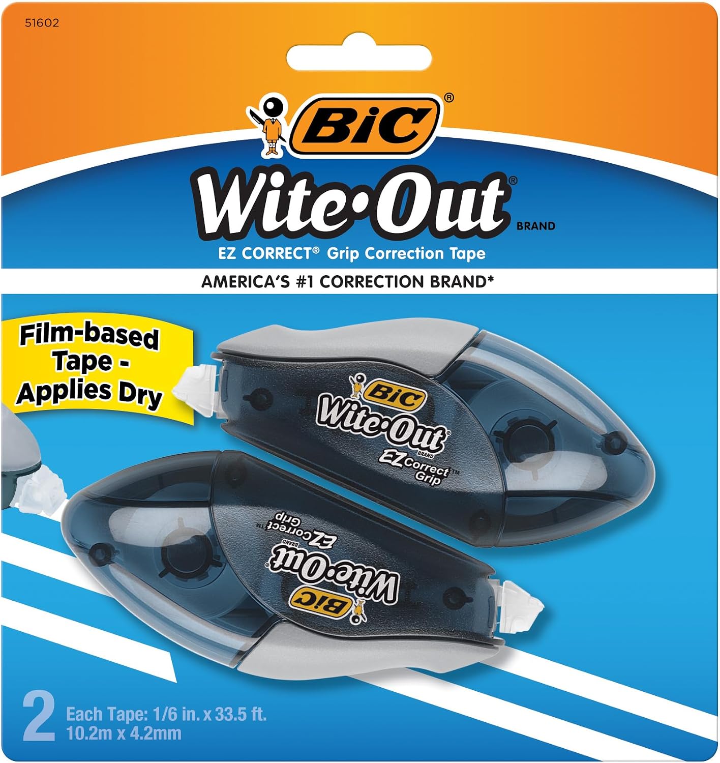 BIC Wite-Out EZ Correct Correction Tape, White, No Dry Time, Tear Resistant Tape, 2-Count