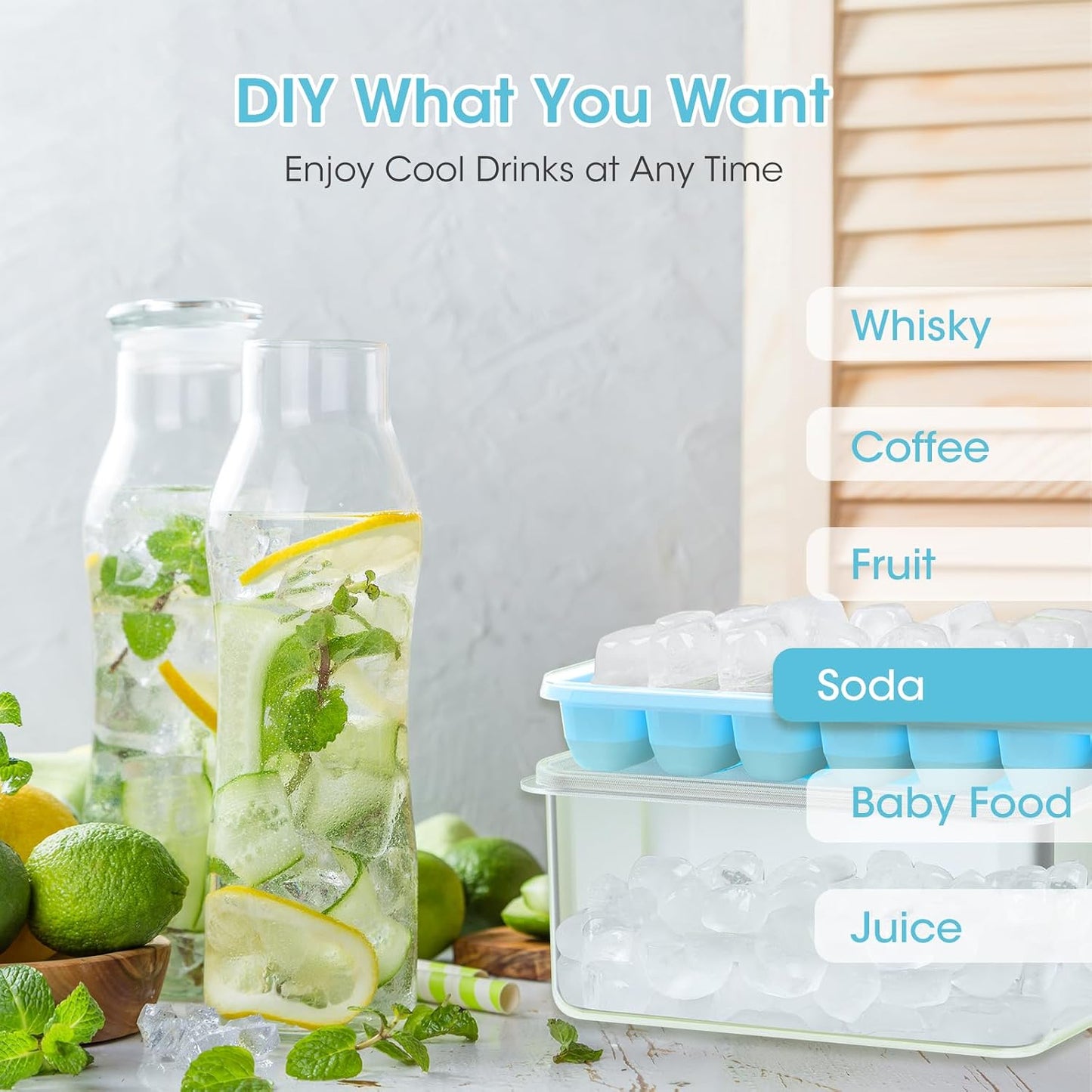 DOQAUS Ice Cube Tray with Lid and Bin - 4 Pack Silicone Ice Cube Trays for Freezer, Stackable Ice Bucket Kits with Storage Container & Scoop for Kitchen, RV, Cocktail, Coffee