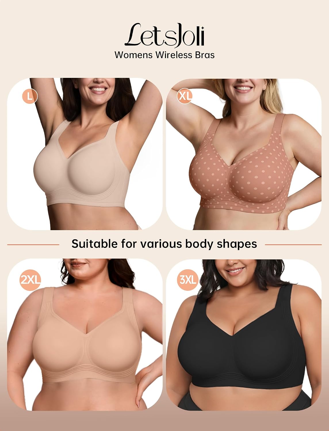 LetsJoli Bras for Women Supportive Wireless Push Up Bra Full Coverage No Underwire Seamless Plus Size for Older Women
