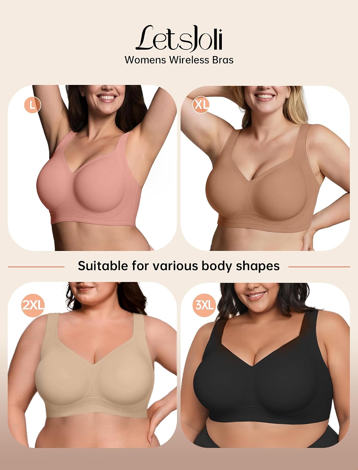 LetsJoli Bras for Women Supportive Wireless Push Up Bra Full Coverage No Underwire Seamless Plus Size for Older Women