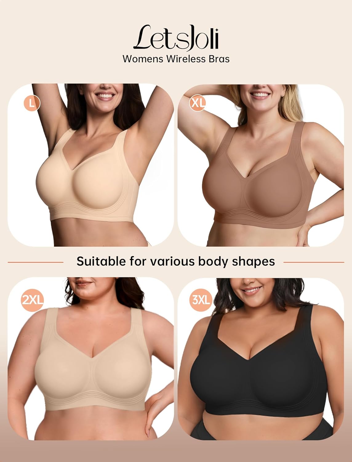 LetsJoli Bras for Women Supportive Wireless Push Up Bra Full Coverage No Underwire Seamless Plus Size for Older Women