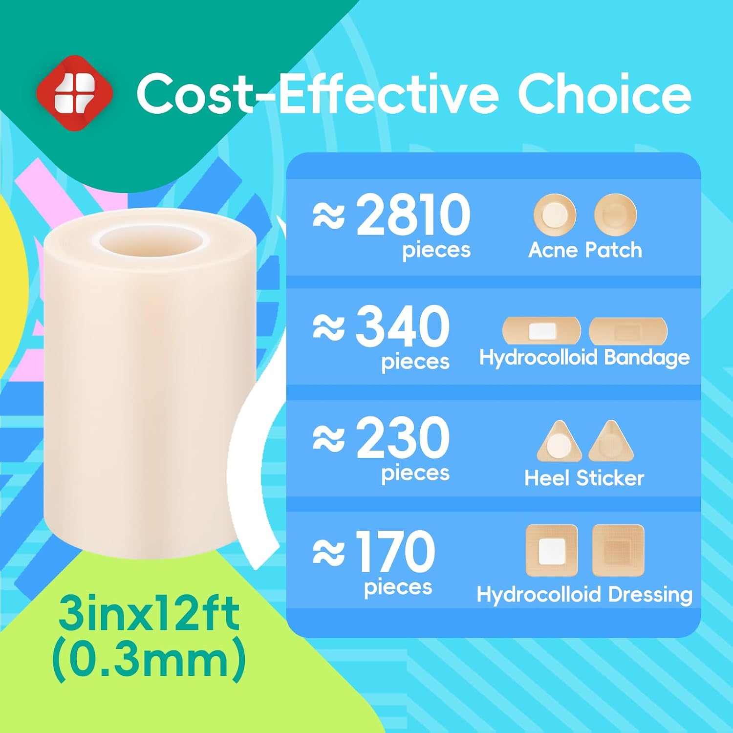 LIFARA Hydrocolloid Roll for Wound Care - Cut-to-Size, Hydrocolloid Patch Bandages with Self-Adhesive, Ultra Absorbent & Waterproof, First Aid Kit Essential (11.8mil/ 0.3mm Thickness, 2in*8ft)