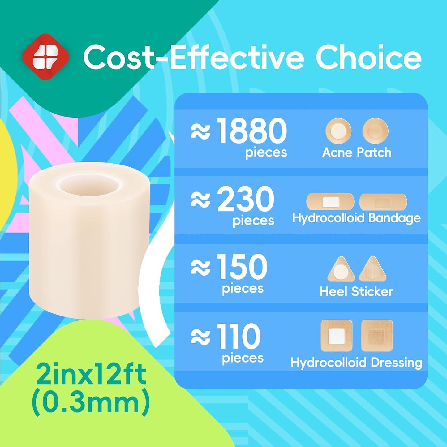 LIFARA Hydrocolloid Roll for Wound Care - Cut-to-Size, Hydrocolloid Patch Bandages with Self-Adhesive, Ultra Absorbent & Waterproof, First Aid Kit Essential (11.8mil/ 0.3mm Thickness, 2in*8ft)