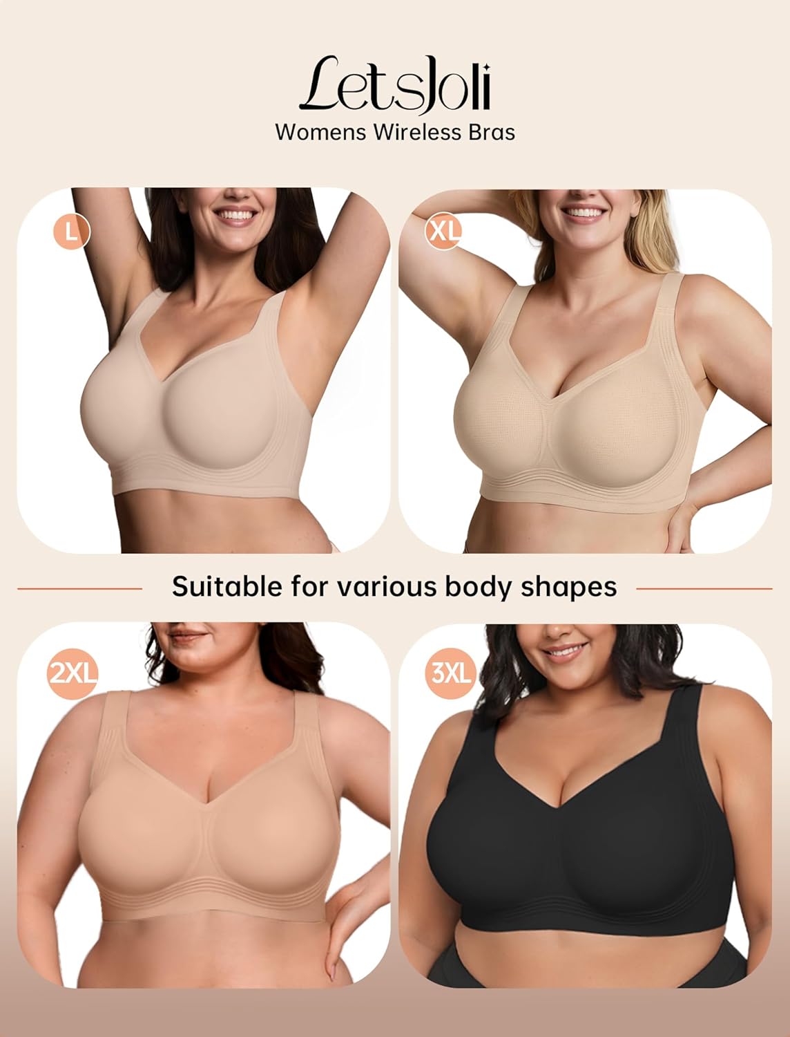 LetsJoli Bras for Women Supportive Wireless Push Up Bra Full Coverage No Underwire Seamless Plus Size for Older Women