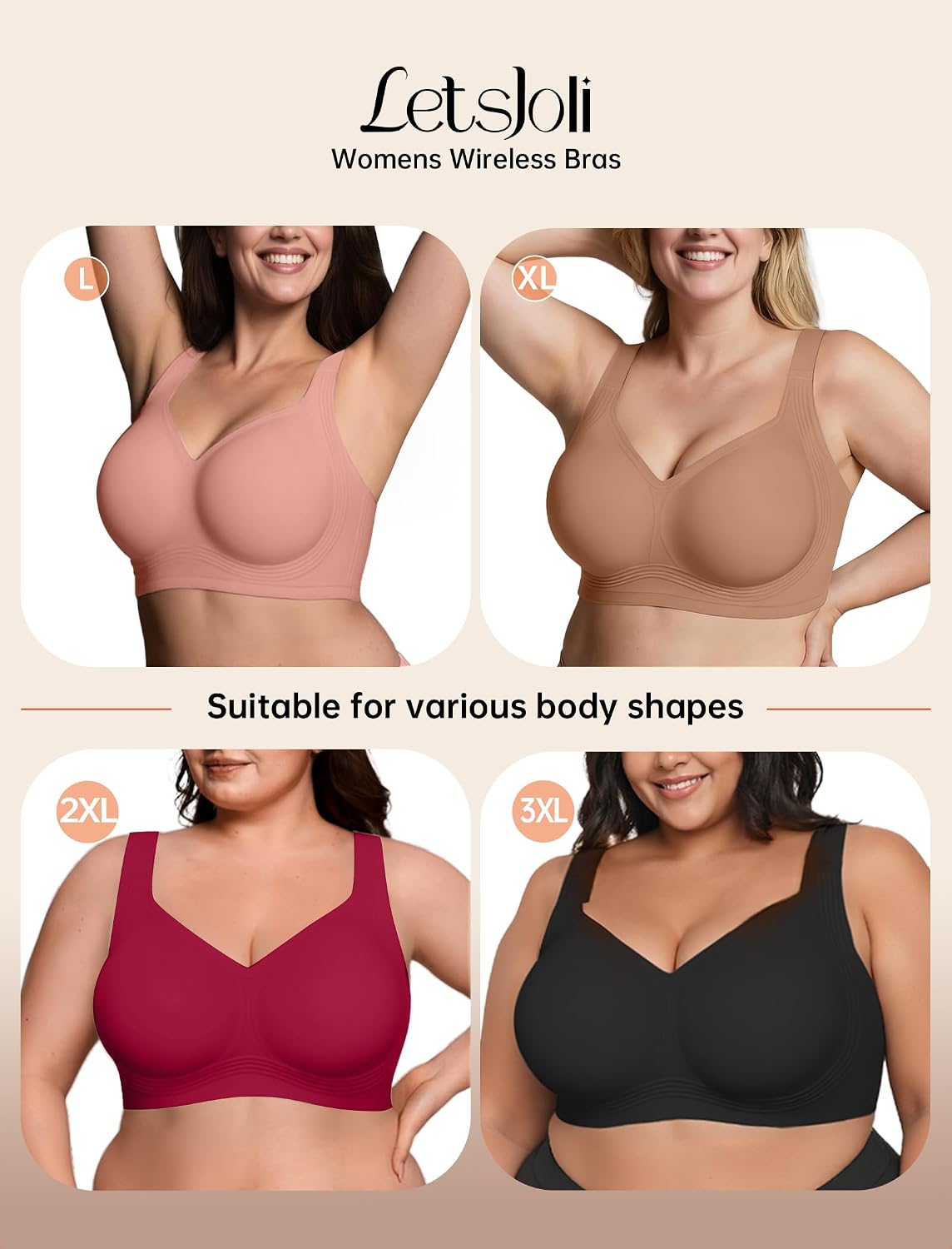 LetsJoli Bras for Women Supportive Wireless Push Up Bra Full Coverage No Underwire Seamless Plus Size for Older Women