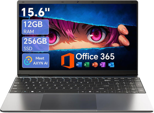 15.6 Inch Laptop with AI, Office 365, 12GB RAM 256GB SSD, Quad-Core Processor, Win 11 Home Laptops Computer, IPS FHD, 180°Viewing, Type-C, WiFi 5, BT4.2, Portable Thin Laptops - Gray