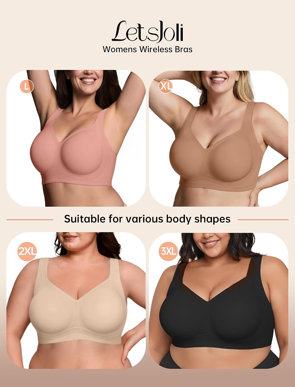 LetsJoli Bras for Women Supportive Wireless Push Up Bra Full Coverage No Underwire Seamless Plus Size for Older Women