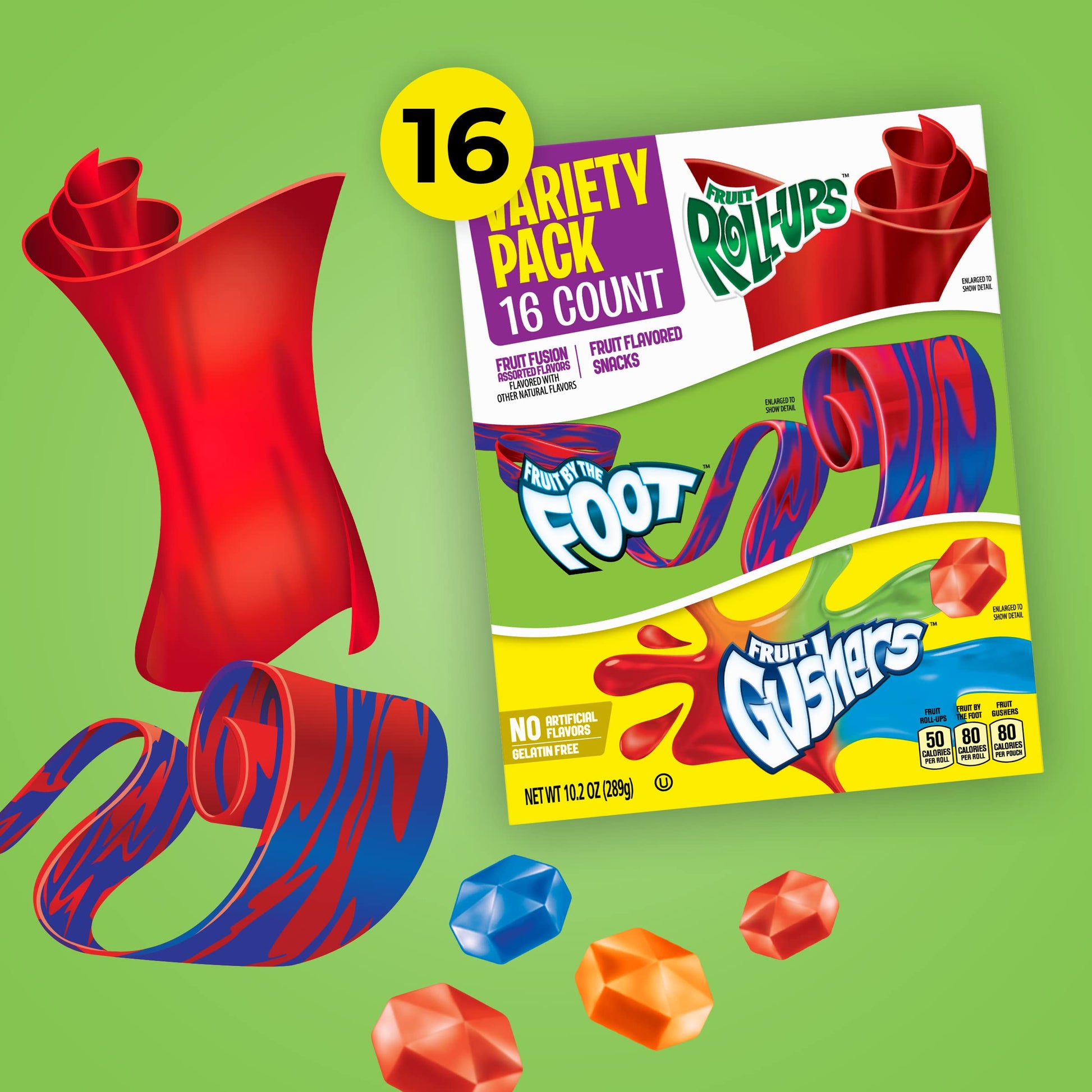 Fruit Roll-Ups, Fruit by the Foot and Gushers Fruit Flavored Snacks Variety Pack, Gluten Free, 16 Pouches, 10.2 oz