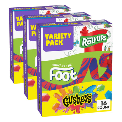Fruit Roll-Ups, Fruit by the Foot and Gushers Fruit Flavored Snacks Variety Pack, Gluten Free, 16 Pouches, 10.2 oz