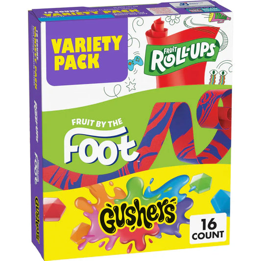 Fruit Roll-Ups, Fruit by the Foot & Gushers Variety Pack – Gluten-Free Fruit Flavored Snacks, Fruit Fusion, 16 Pouches (10.2 oz)