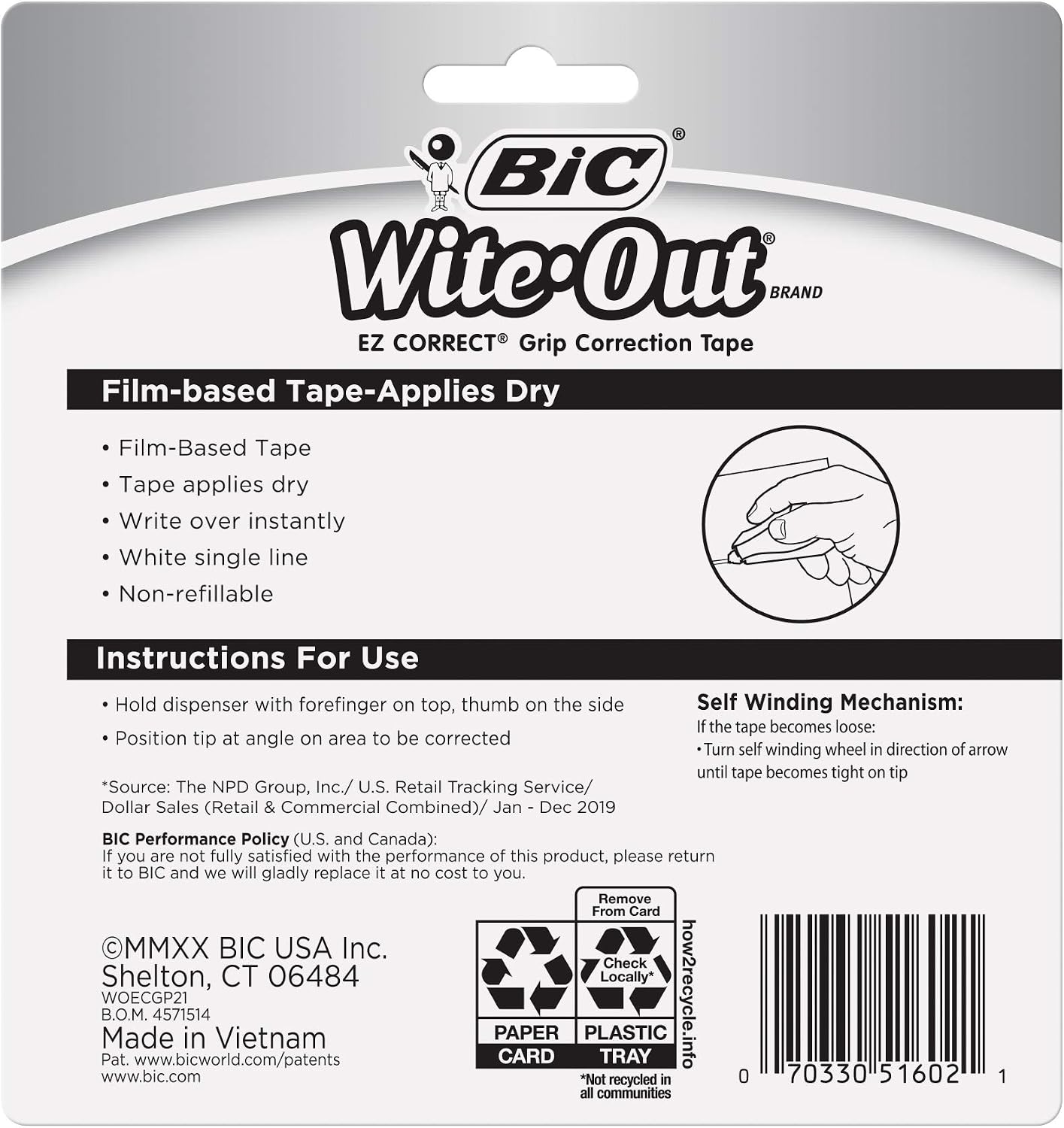 BIC Wite-Out EZ Correct Correction Tape, White, No Dry Time, Tear Resistant Tape, 2-Count