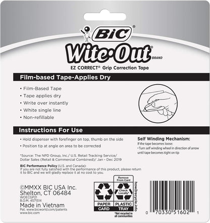 BIC Wite-Out EZ Correct Correction Tape, White, No Dry Time, Tear Resistant Tape, 2-Count