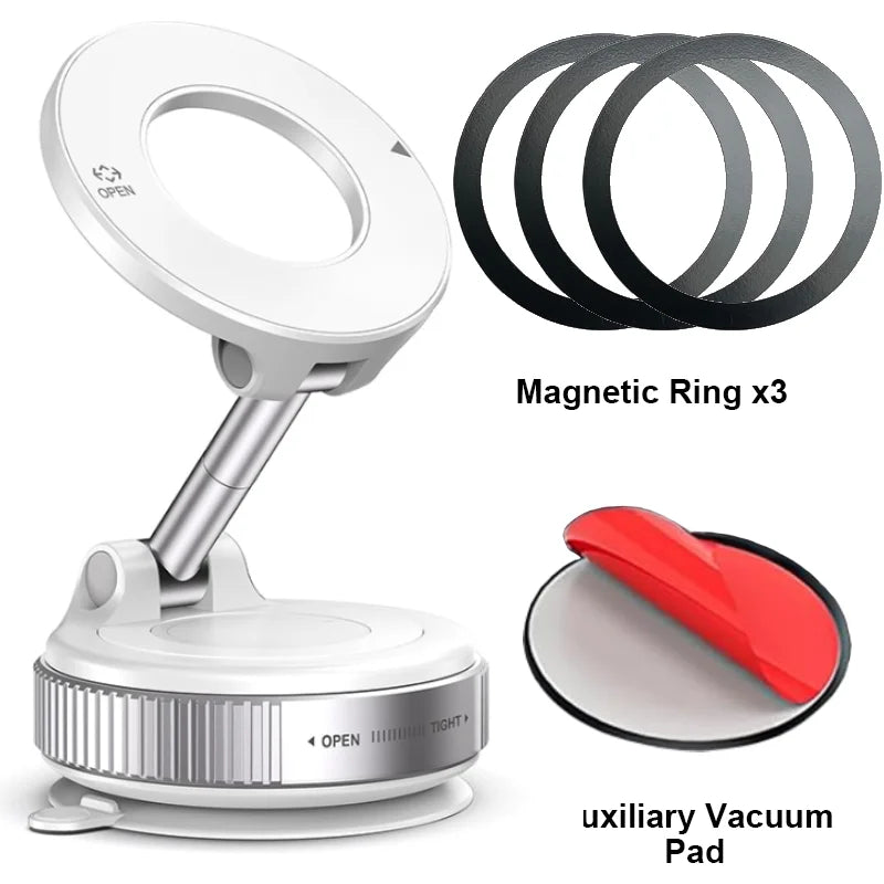 Magnetic Car Phone Mount – Mechanical Vacuum Suction Holder (360° Rotation)