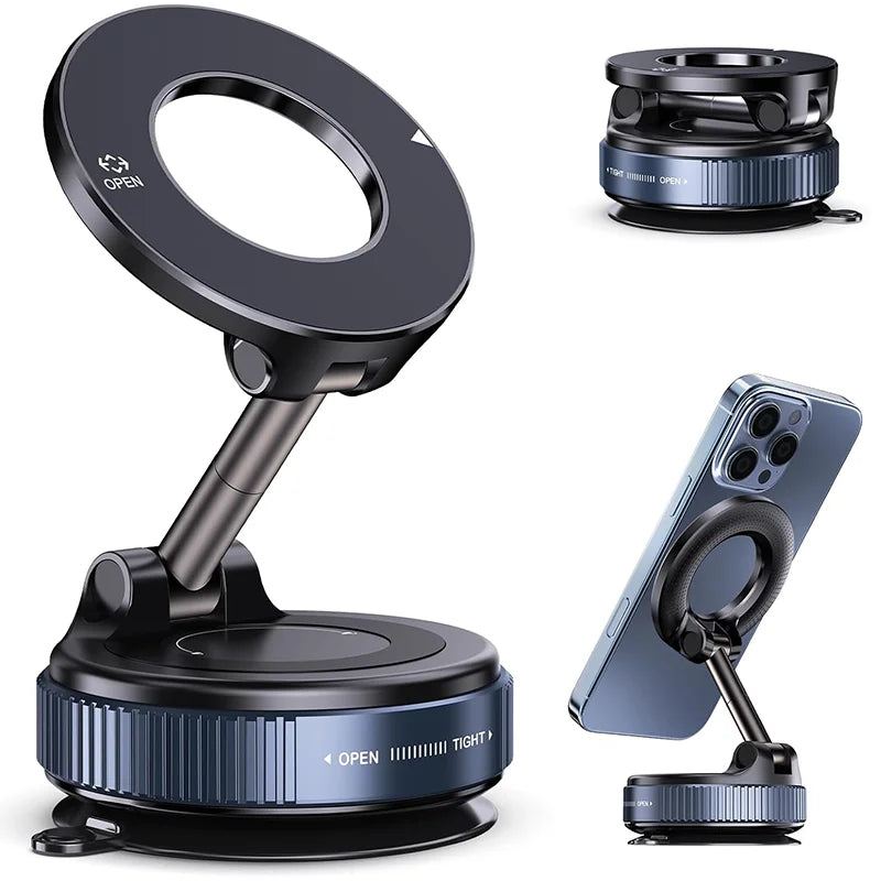 Magnetic Car Phone Mount – Mechanical Vacuum Suction Holder (360° Rotation)