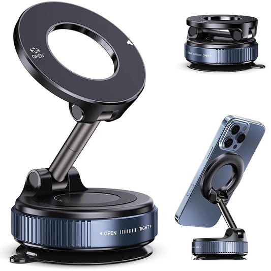 Magnetic Car Phone Mount – Mechanical Vacuum Suction Holder (360° Rotation)