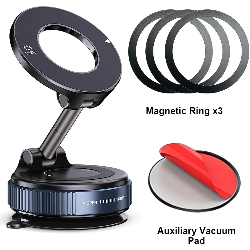 Magnetic Car Phone Mount – Mechanical Vacuum Suction Holder (360° Rotation)