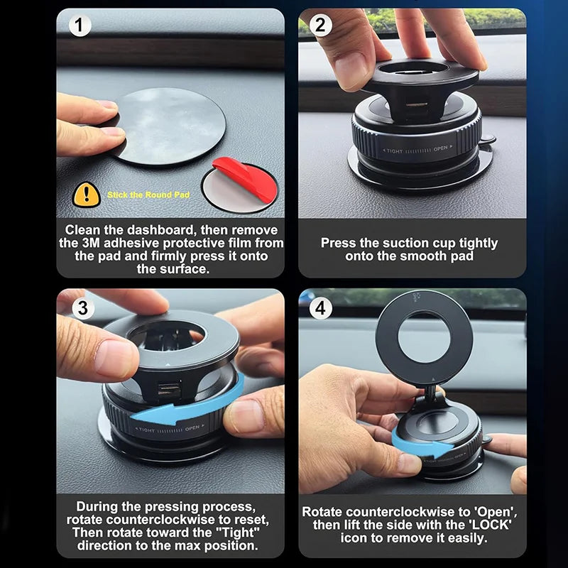 Magnetic Car Phone Mount – Mechanical Vacuum Suction Holder (360° Rotation)