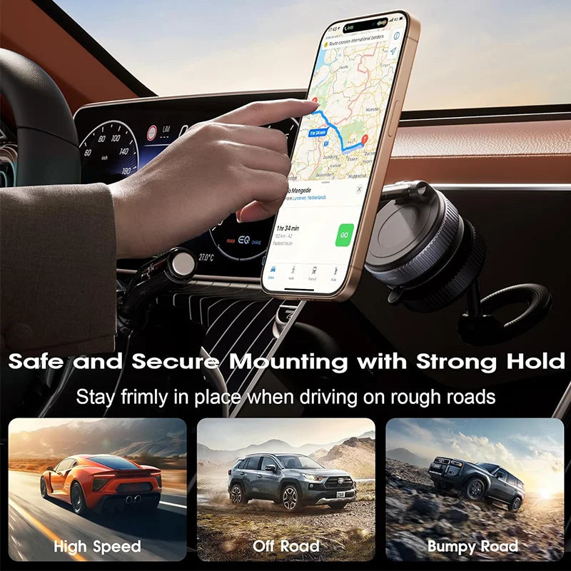 Magnetic Car Phone Mount – Mechanical Vacuum Suction Holder (360° Rotation)