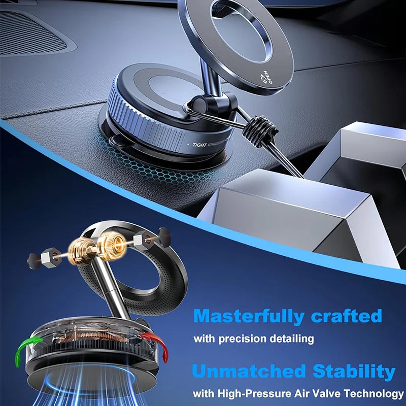 Magnetic Car Phone Mount – Mechanical Vacuum Suction Holder (360° Rotation)