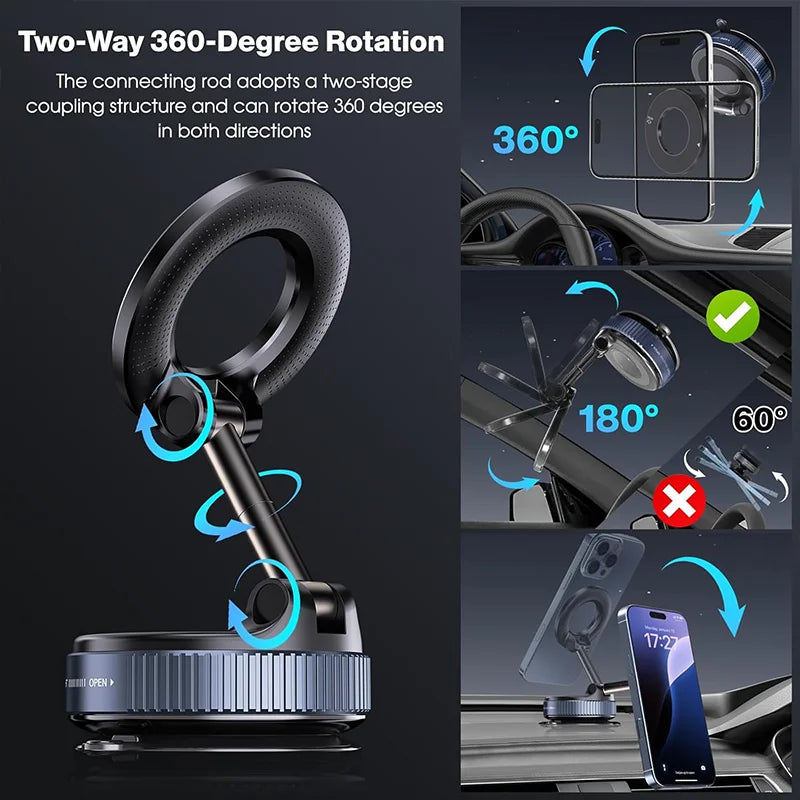 Magnetic Car Phone Mount – Mechanical Vacuum Suction Holder (360° Rotation)